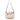 Beige shoulder bag with brown leather accents on a white background