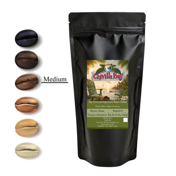 Chivilla Bay's Signature Blend in a Medium roast with pictures of coffee beans.