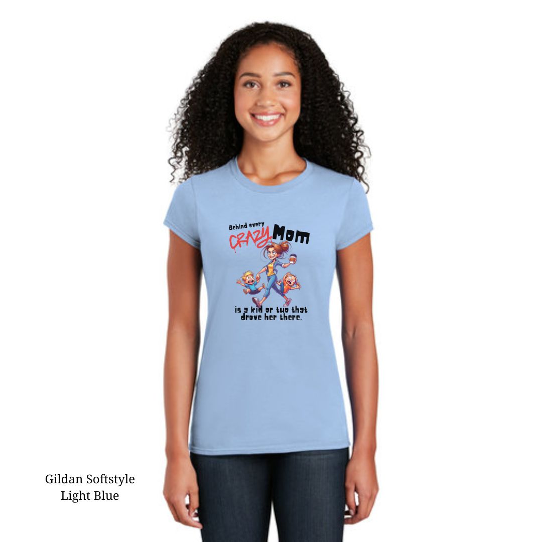Funny Crazy Mom graphic t-shirt featuring a cartoon mom with coffee and two kids, available in multiple colors, perfect for any mom with a sense of humor.