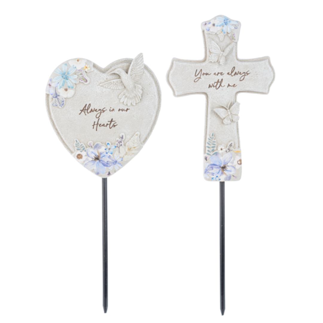 Bereavement Garden Stakes - Heart that says "Always in our hearts" and a cross that reads "You are always with me"