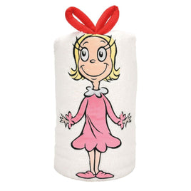 Cindy Lou Who from Whoville has her very own embroidered white blanket. Blanket is throw size measuring 45 inches x 60 inches and is made from soft sherpa fabric. 