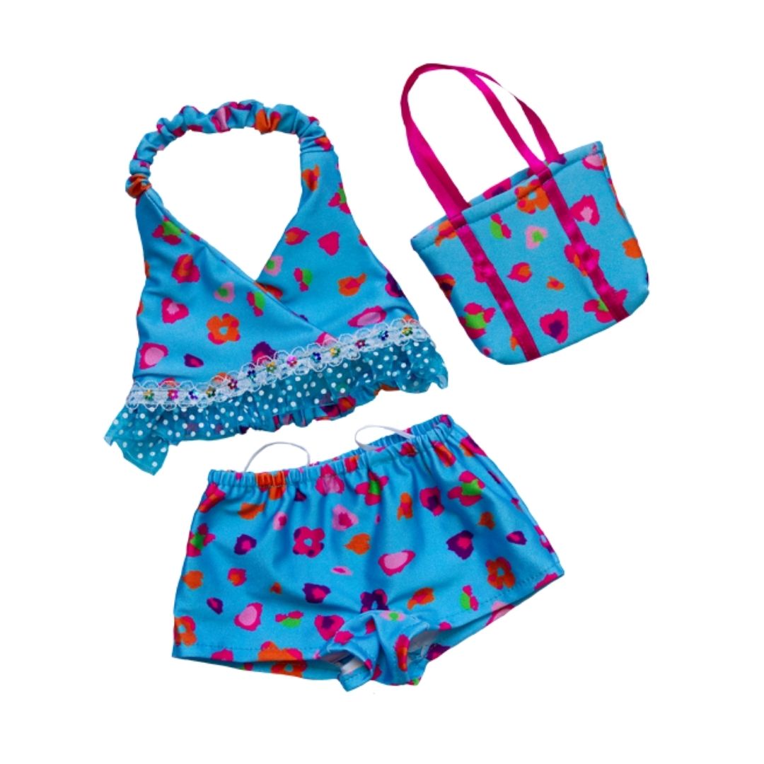 Blue floral tankini and matching bag for 16-inch teddy bears, available at Chivilla Bay.