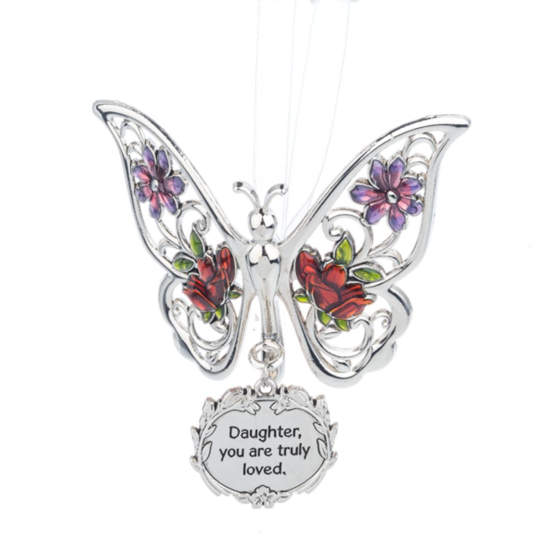 Butterly Ornament with 'Daughter, you are truly loved' sentiment engraved on a dangling charm attached.