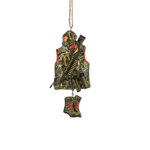 Camo hunting gear ornament with vest, hat, boots