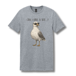 Funny seagull graphic t-shirt with sunglasses and “Can I have a bite?” text on gray cotton unisex tee