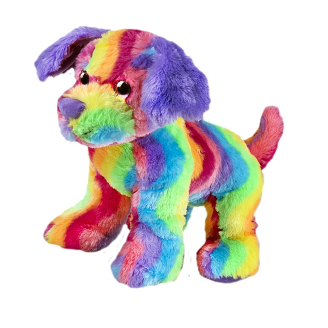 Candy the 16-inch plush dog with pretty eyes and rainbow fur, available at Chivilla Bay. Ideal for cuddles and colorful additions to any plush collection.