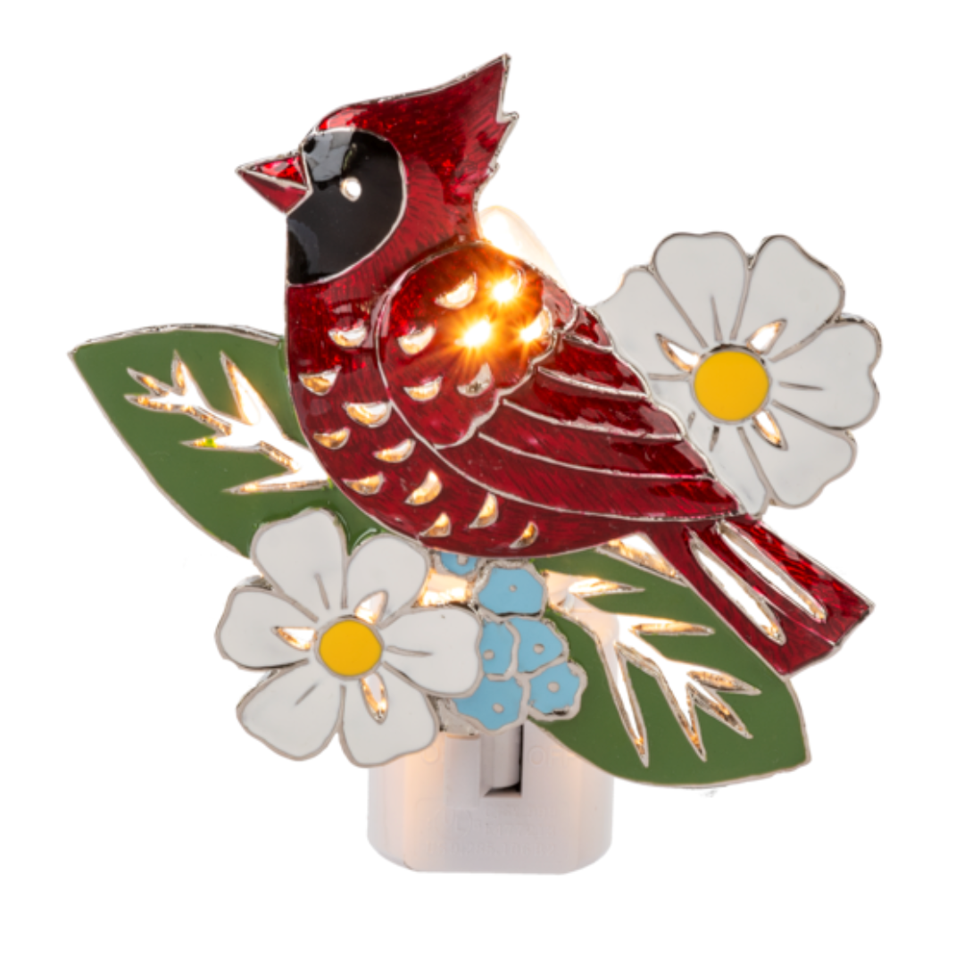 Cardinal Night Light with white flowers and green leaves