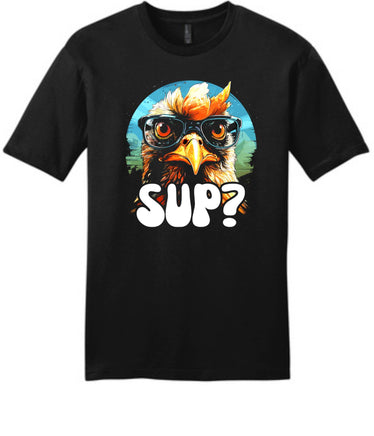 Funny Chicken Tshirt "Sup?" for chicken lover gift on black cotton unisex tshirt