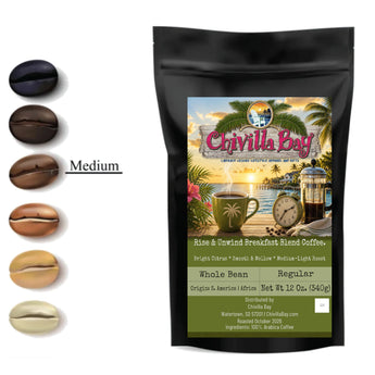 Bag of Chivilla Bay's Rise & Unwind Breakfast Blend Coffee in a Medium-light roast. 