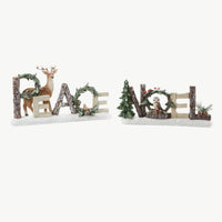 PEACE and NOEL Christmas Woodland Forest Table Top Centerpiece or Shelf Decor Figurines featuring a deer and and owl 