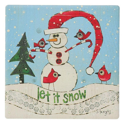 Let It Snow Stoneware coaster with whimsical snowman design from Izzy and Oliver Collection by Enesco