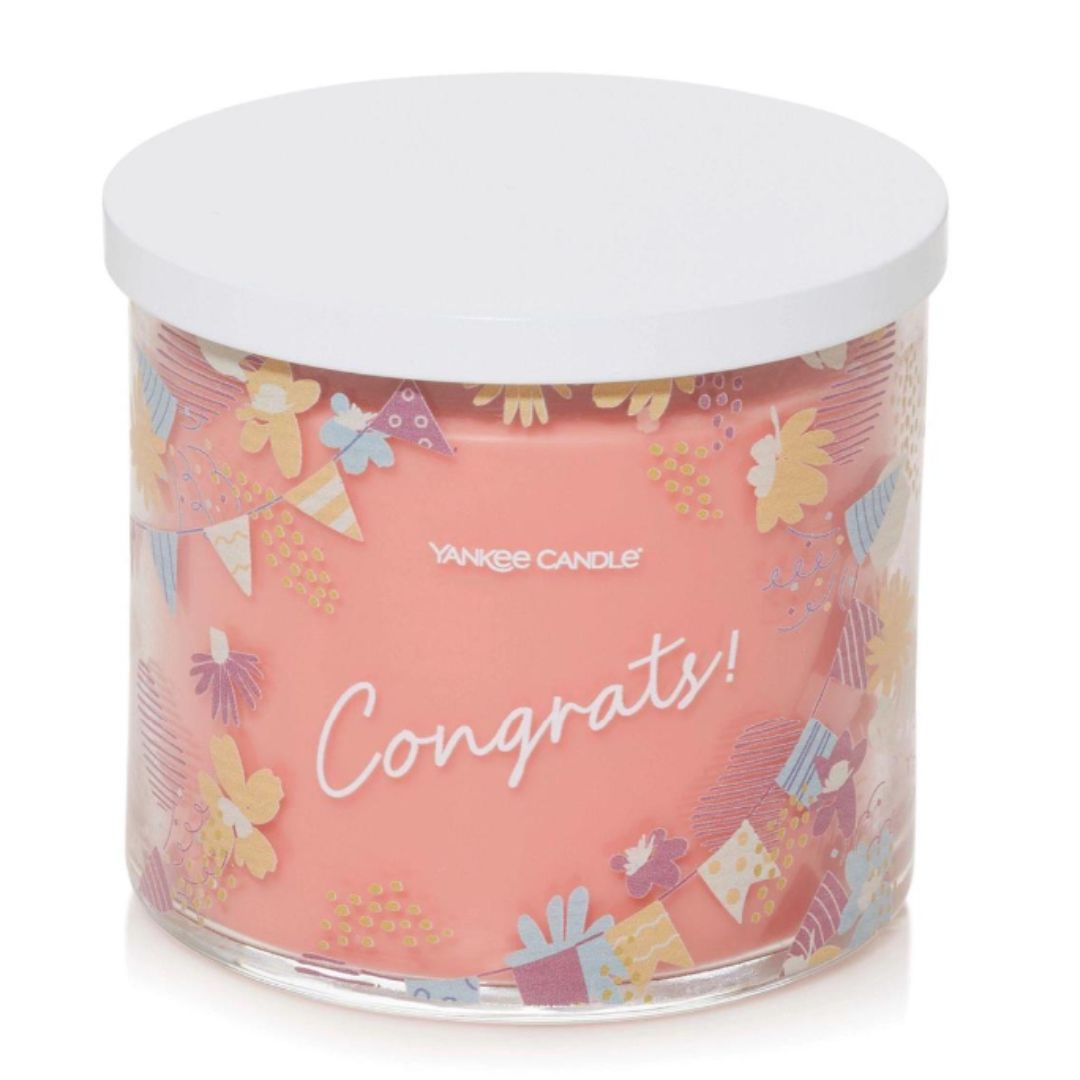 'Congrats!' White Strawberry Bellini 3-Wick Candle in a glass jar with decorative label for the perfect gift for a job promotion, graduation, engagement, or wedding.