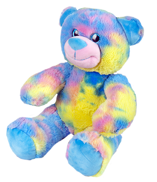 Cotton Candy Tie Dye Teddy Bear with cheerful pink hue and sparkly blue eyes, perfect for snuggling and relaxation, available at Chivilla Bay.