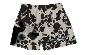 Cow print boxer shorts with “I’m In The Moooooood” text