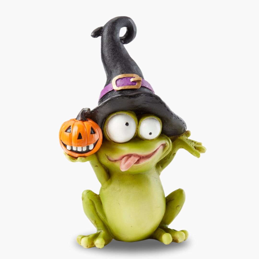 Crazy frog in black witches hat halloween figurine
