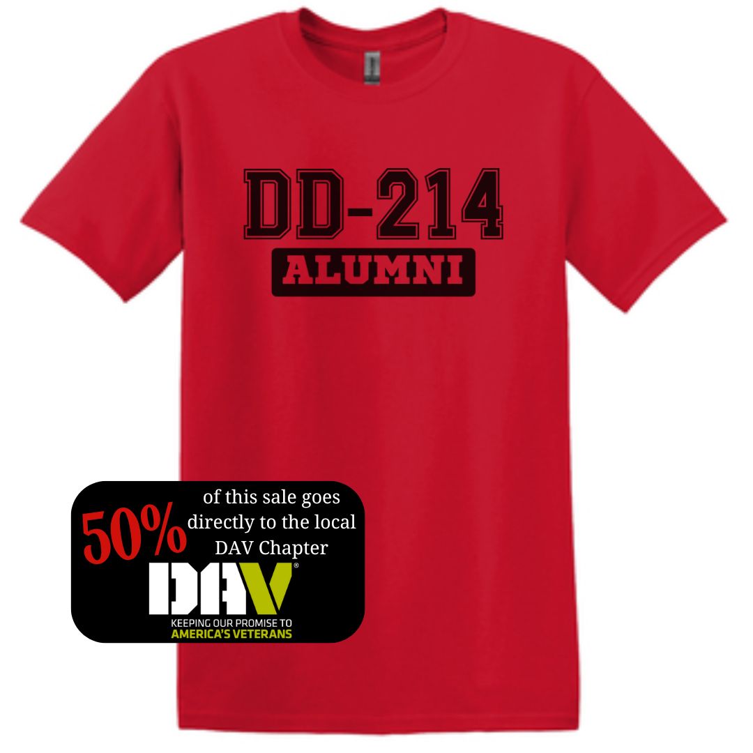 DD-214 Alumni Cotton T-Shirt: Red. Proudly supporting DAV with every purchase.