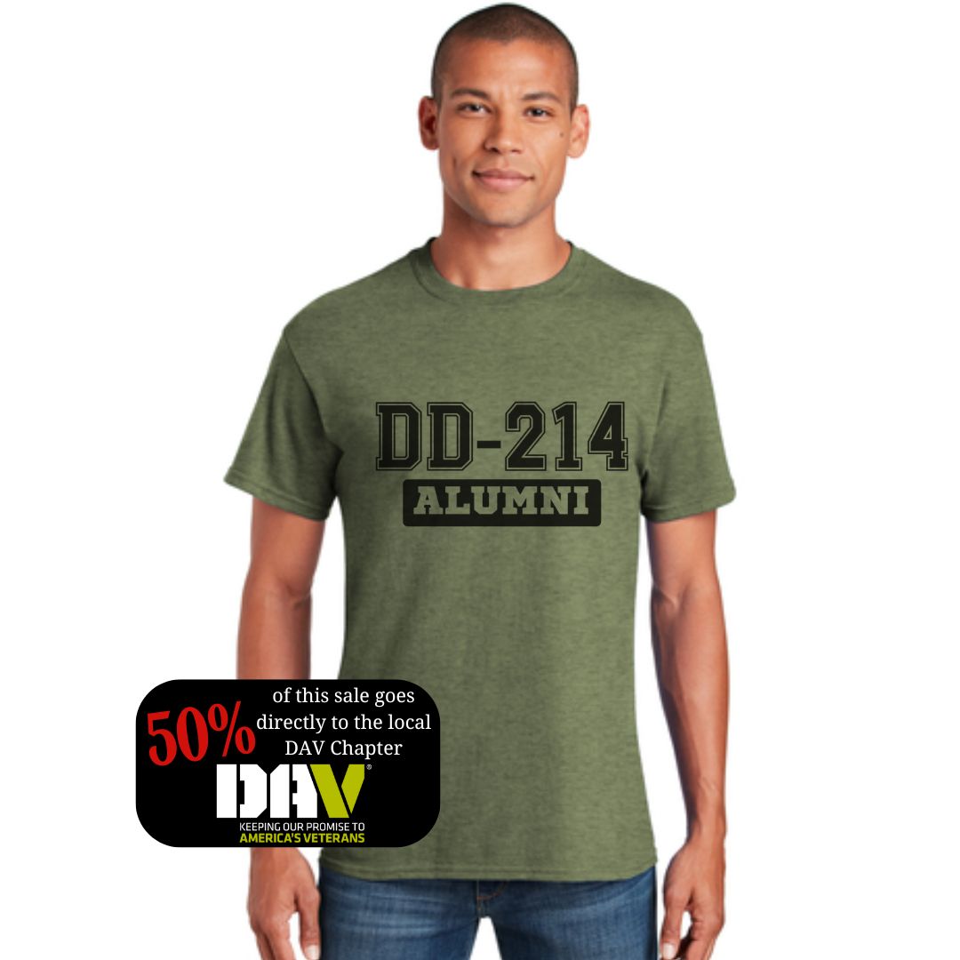 DD-214 Alumni Cotton T-Shirt: Heather Military Green. Proudly supporting DAV with every purchase.
