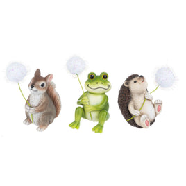 Garden Squirrel, Frog and Hedgehog figurines holding a dandelion. Perfect for shelf accents, garden or terrarium decor.