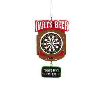 Dartboard with 'Darts & Beer' sign and 'That's Why I'm Here' tag on a white background