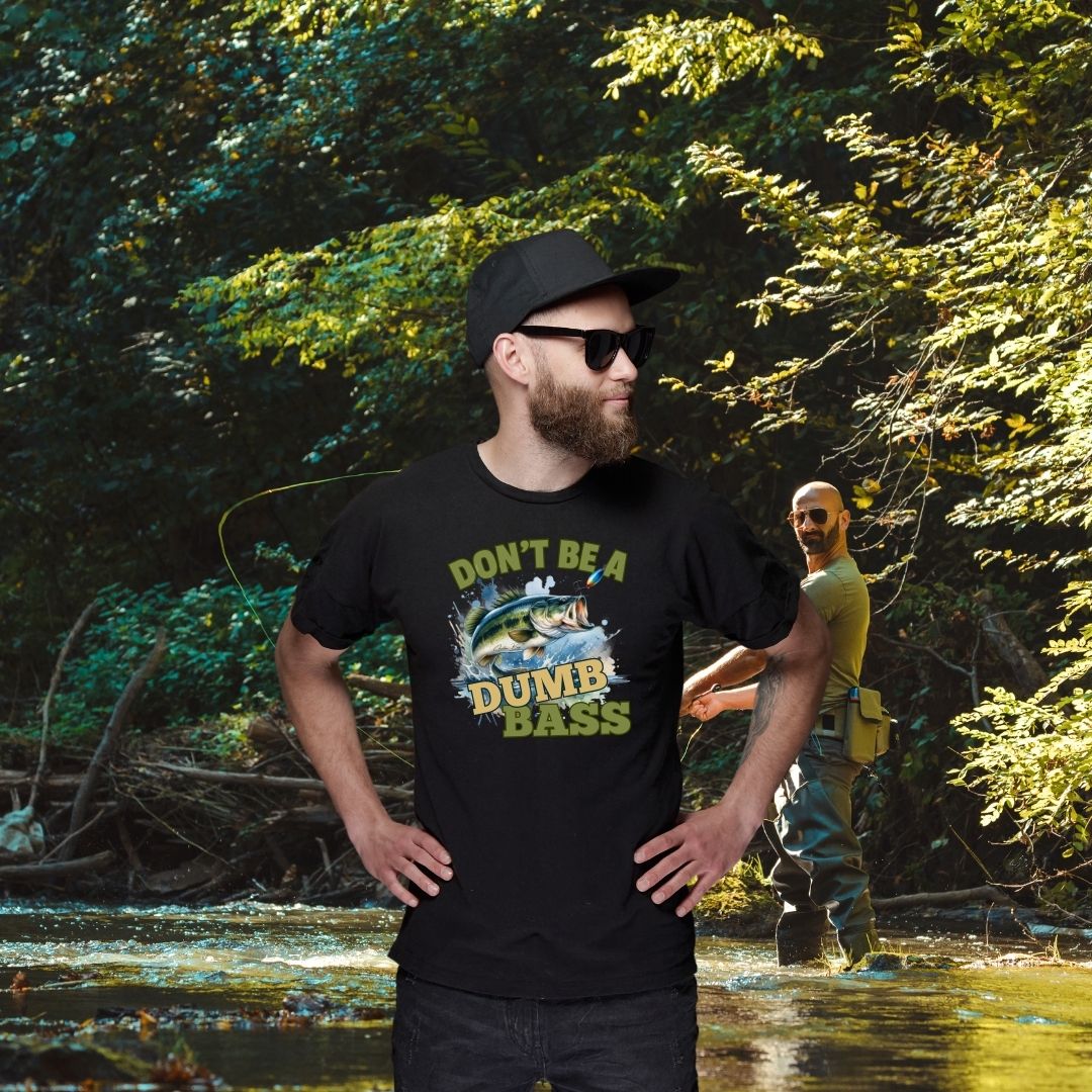 Funny Fishing T-shirt featuring a full color graphic design of a bass fish and text that reads 'Don't be a Dumb Bass'