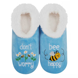 Don't Worry BEE Happy Embroidered Design on super soft womens slippers in light blue color
