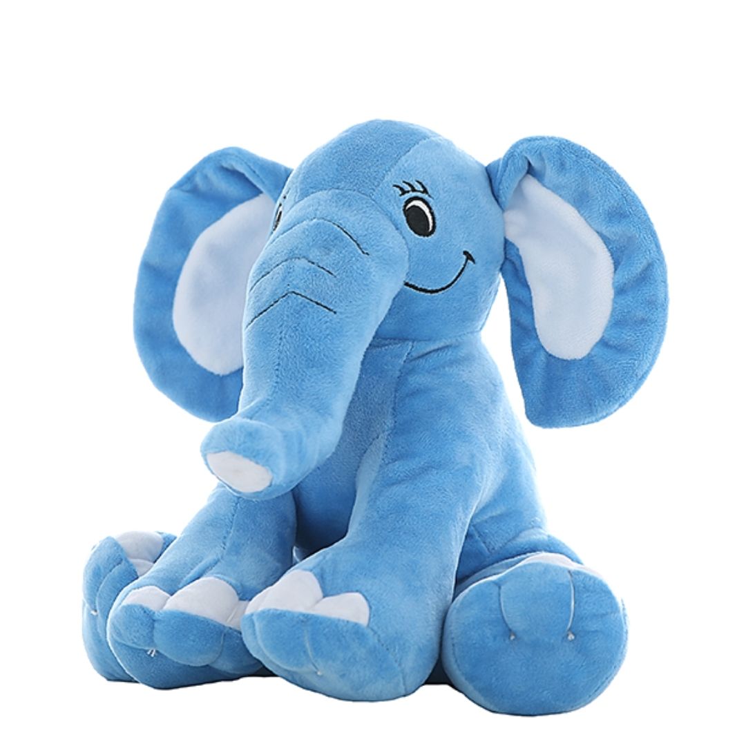 Elmer the Blue Elephant, a 16-inch plush toy with soft dusty blue fur and sweet expression, perfect for baby boy gender reveal or baby shower gift. Available at Chivilla Bay.