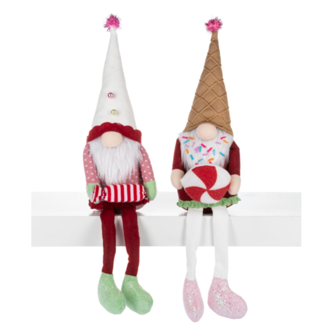 fabric gnome christmas decor shelf sitters with waffle hats and christmas candy