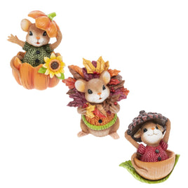 Adorable Mice ready for Fall Resin Figurines. Assorted styles one mouse in pumpkin, one mouse in acorn, and one mouse playing in leaves. 
