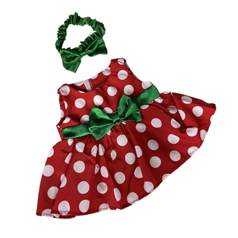 Festive Red Polka Dot Dress with Green Headband for 16" stuffed animal