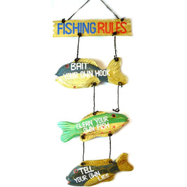 Wooden Fishing Rules Ladder sign featuring hand carved wooden fish. Each fish has its own rule such as bait your own hook, clean your own fish, and tell you own lies.