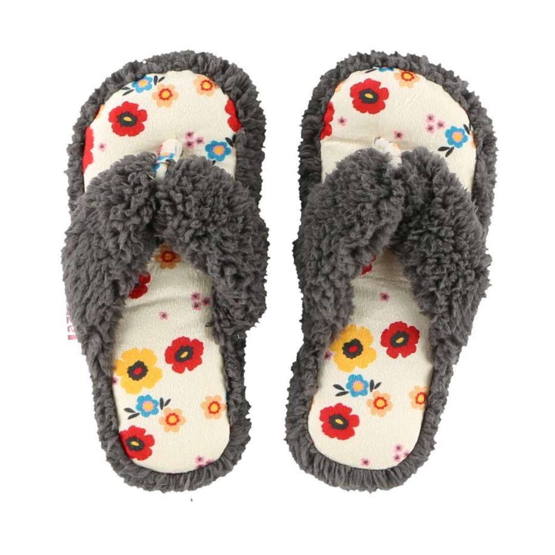 Floral patterned spa slippers in natural and heather grey, featuring a flip-flop design with thick cushioned soles and fringe details, sizes S/M and L/XL