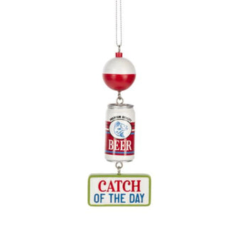 Funny Catch of the Day ornament with beer can and bobber.