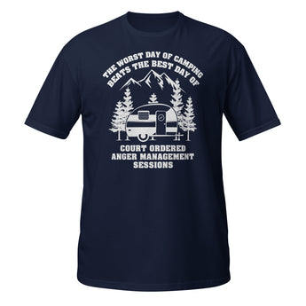 Funny camping graphic tee with camper mountains and sarcastic quote