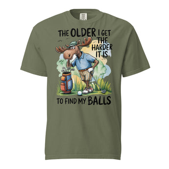Funny golf t-shirt with cartoon moose and golf ball joke on Comfort Colors tee