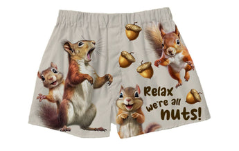 Funny squirrel boxer shorts with “Relax we’re all nuts” text