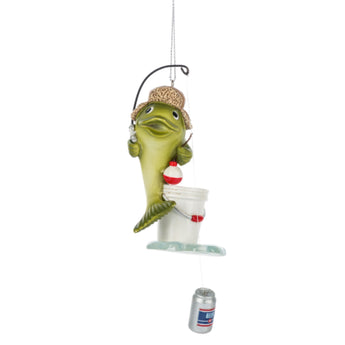 Decorative fish ornament with a bucket and beer can on a white background