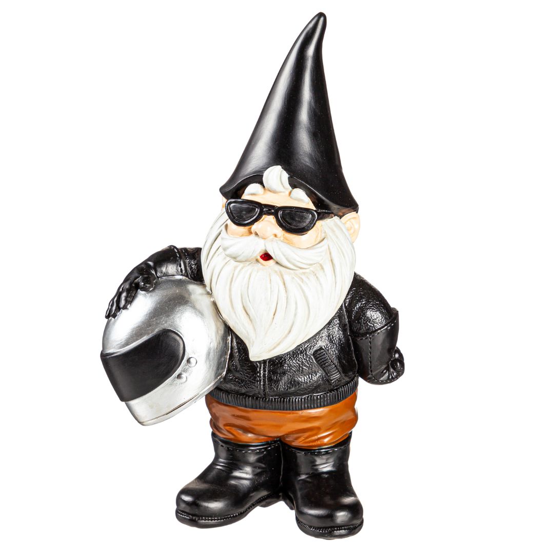 Garden Motorcyle Gnome Statue 10 inches tall with black jacket, hat, boots and sunglasses, holding his motorcycle helmet Garden Statue 
