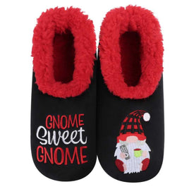 Gnome Sweet Gnome Slippers for Women in Black with Red Sherpa Lining