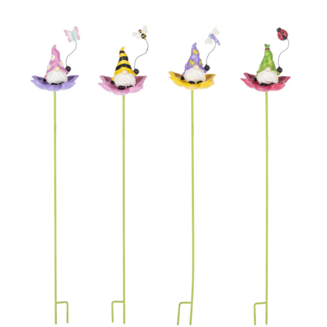 Gnome Garden Stake 15" tall. Made of polyresin and iron. 4 different styles to choose from including pink Gnome with butterfly, Yellow gnome with bee, purple gnome with dragonfly and green gnome with red ladybug.