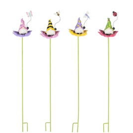 Gnome Garden Stake 15" tall. Made of polyresin and iron. 4 different styles to choose from including pink Gnome with butterfly, Yellow gnome with bee, purple gnome with dragonfly and green gnome with red ladybug.