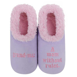 Grandma: A mom without rules light purple slippers with pink sherpa lining. Funny womens slippers for mothers day.