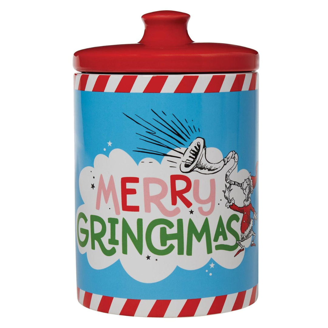 Merry Grinchmas Cookie Canister Dr. Seuss classic design on stoneware treat canister