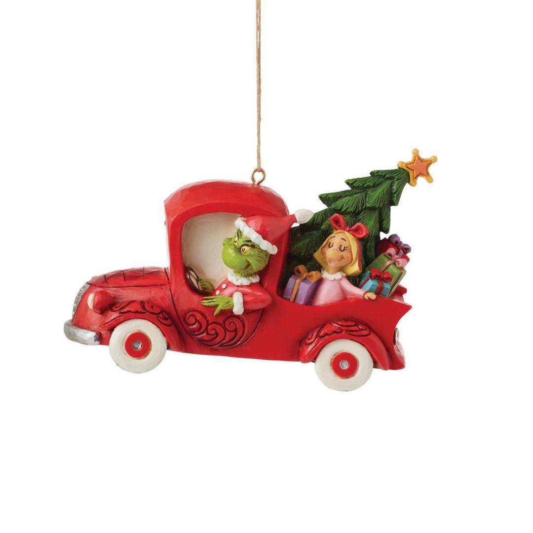 Grinch, Max and Cindy Lou saving christmas in the red truck hanging ornament designed by Jim Shore