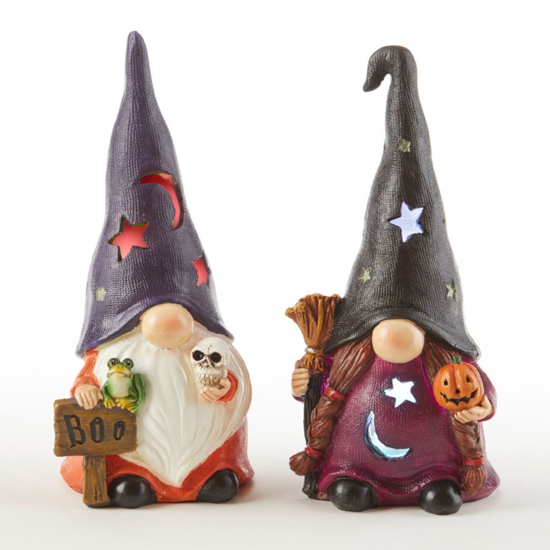 Witches and Warlocks Halloween Gnomes with LED light up hats figurines ready for your table top or shelf. Spooky Season Decor.