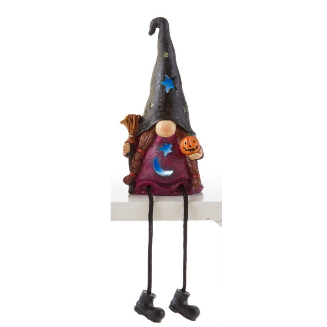 Halloween Wizard Gnome figurine with dangly rope legs. Lights up with LED lights (included).