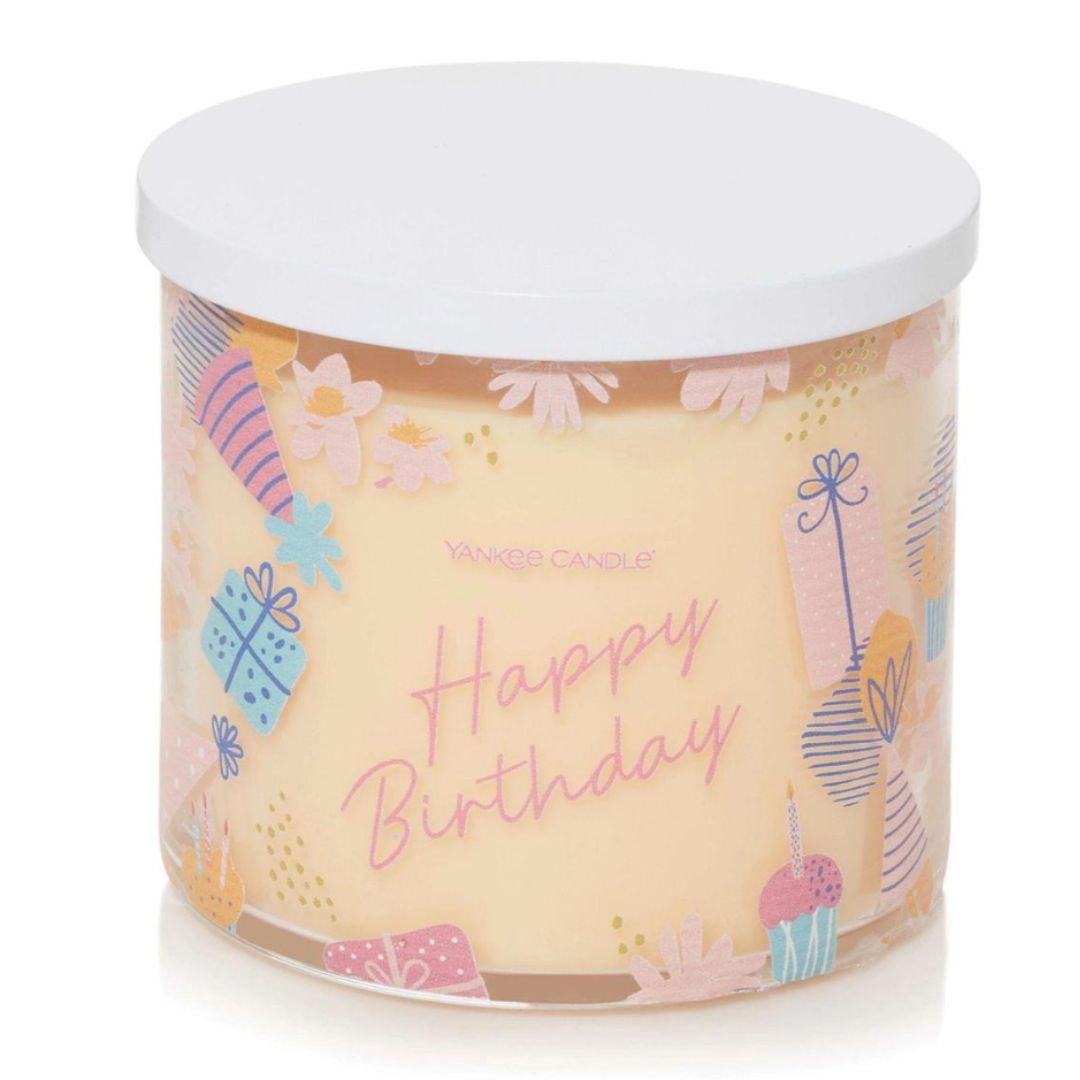 Happy Birthday 3 wick candle with a vanilla cupcake scent. Perfect for adding to a birthday gift for a special friend!