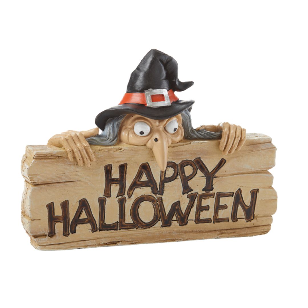 Happy Halloween Resin Sign with peeking witch table top or hanging decor 