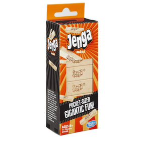 Hasbro Jenga mini box, showing the retail packaging with a picture of three wooden blocks stacked with 'Jenga' written on them, on a white background.