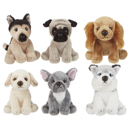 6 Assorted plush mini dogs measuring 5 inches tall including a german shepard, yellow lab, pug, cocker spaniel, french bulldog and husky. Collect 1 or collect them all.