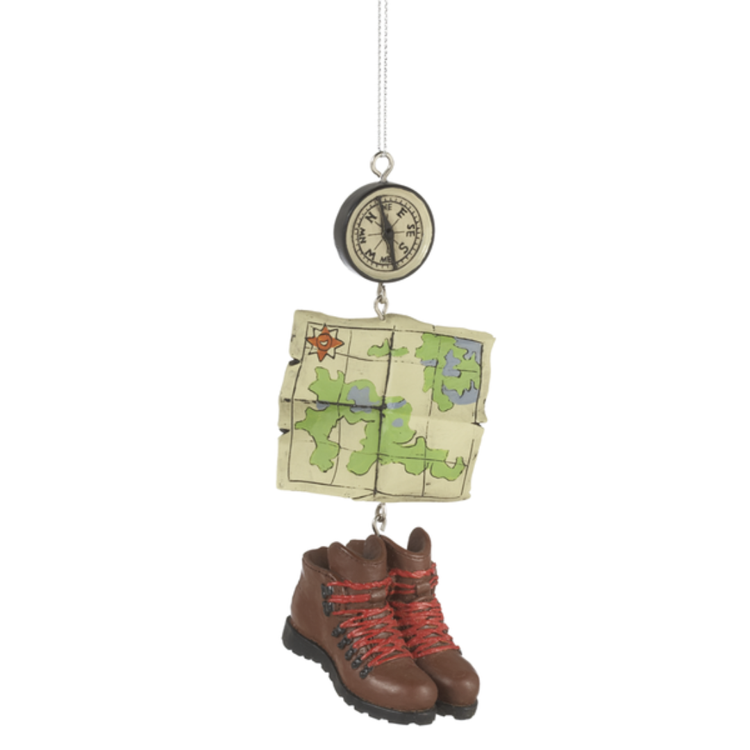 HIking boots compass map hanging ornament